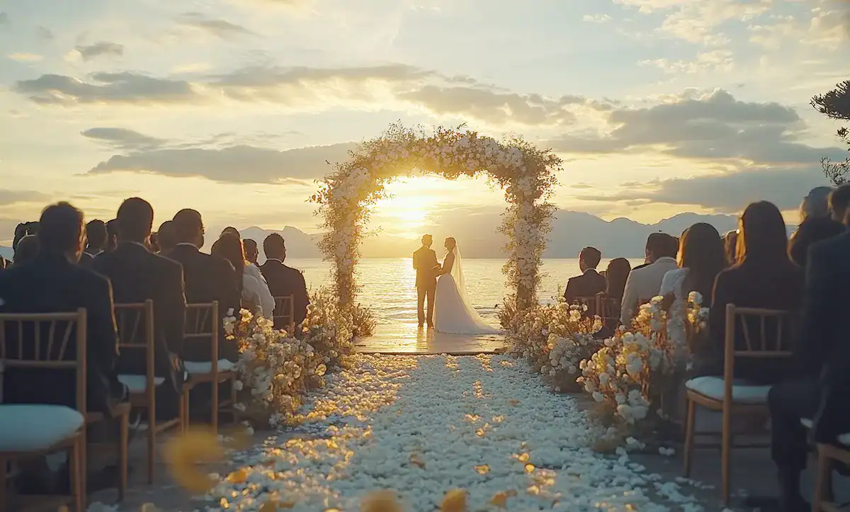 Sunset wedding ceremony by the sea with guests.