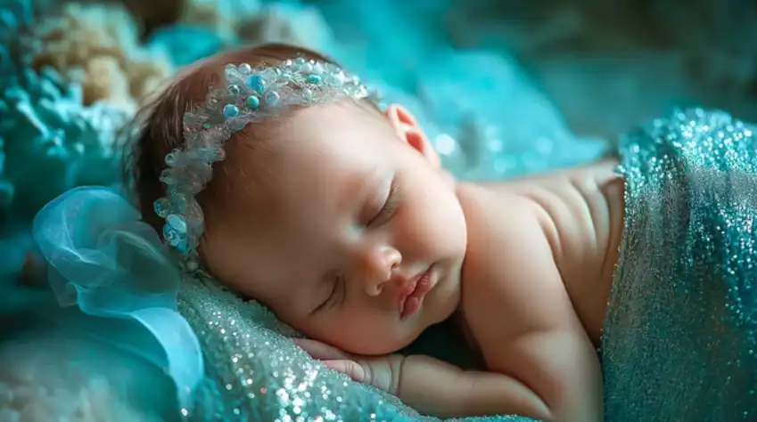 Sleeping baby with headband and blanket