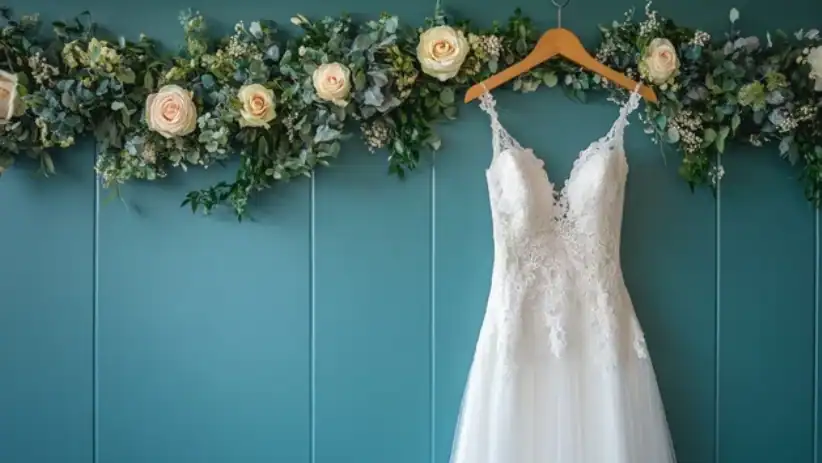 Lace wedding dress hung beneath floral arrangement.