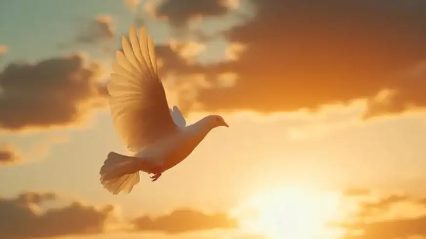 Dove flying at sunset with orange sky